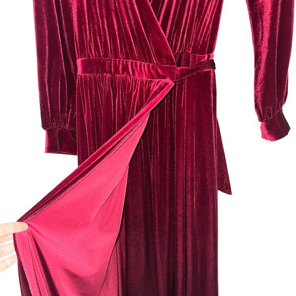 Two Birds New York Red Velvet Long Sleeve Wrap Maxi Dress Size Medium - Picture 5 of 13